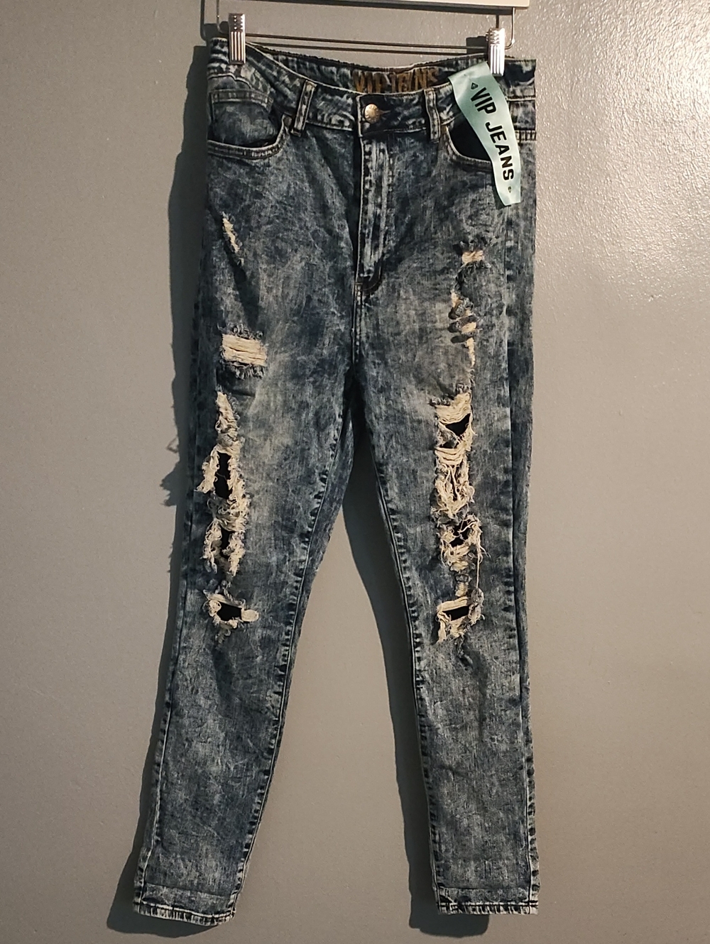 VIP Acid Wash Distressed Denim Jeans- Light Blue